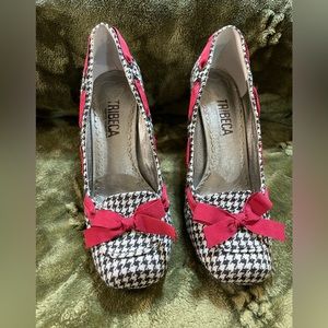 Houndstooth and Ribbon Accent Heels